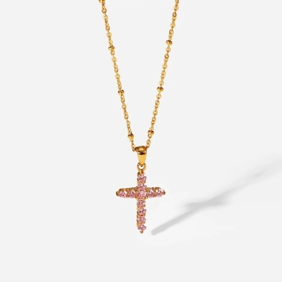 LOVEISH Jewelry - 18K Gold Plated Pink Cubic Zirconia Cross Pendant Necklace